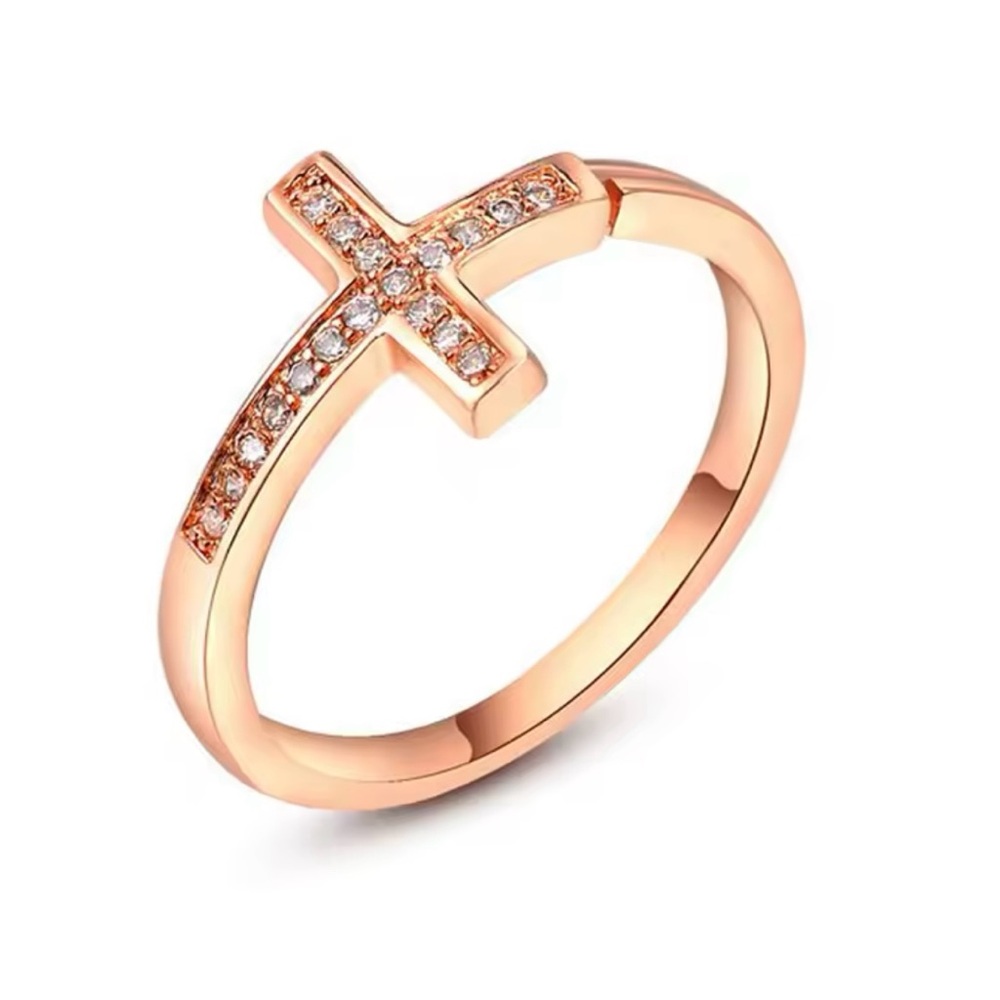 Rose Gold Cross Ring with Crystals